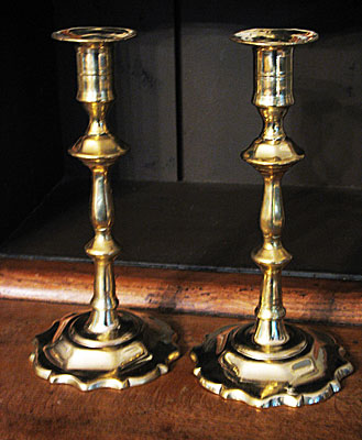 SOLD  Pair of Brass Queen Anne Candlesticks