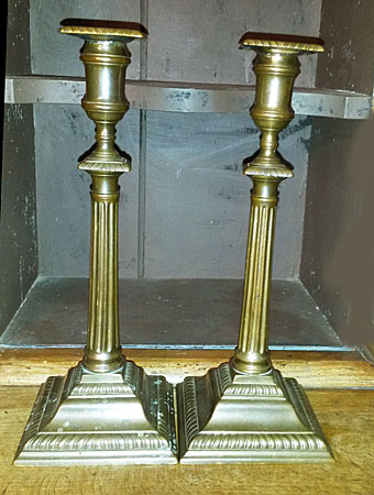 Metalware<br>Archives<br>Pair of Square Based Georgian Brass Candlesticks