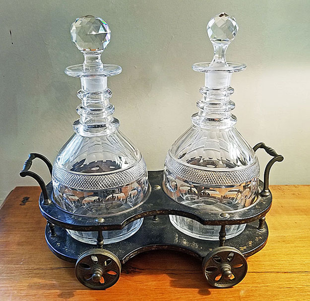 Accessories<br>This and That<br>Early 19th Century Georgian Papier MÃ¢chÃ© and Cut-Glass Decanter Trolley