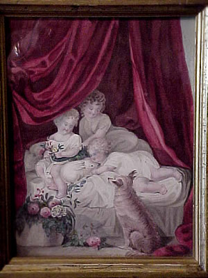 Watercolor of Three Children, a Dog, and a Rabbit