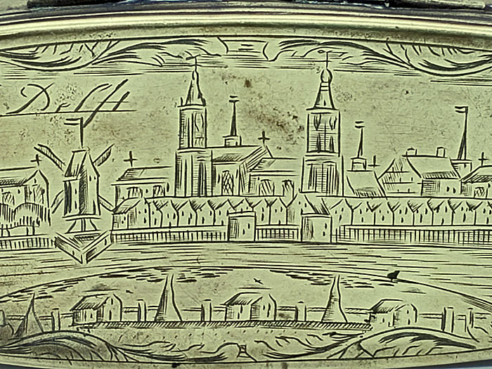 Metalware<br>Archives<br>18th century brass tobacco box; city of Delft