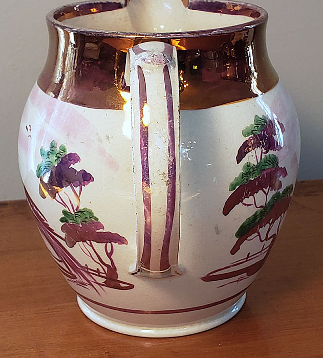 Ceramics<br>19th Century<br>Pink lustre jug with bird