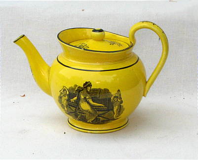 SOLD   Canary Teapot with Adam Buck Style Transfer