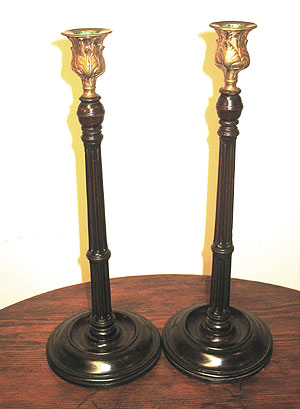 SOLD  A pair of wood and brass English Candlesticks