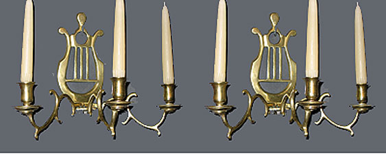 SOLD  Pair of Lyre-Back Brass Sconces