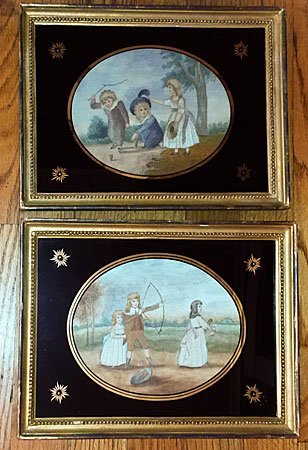 Accessories<br>Archives<br>Pair of silk needlework pictures of children playing