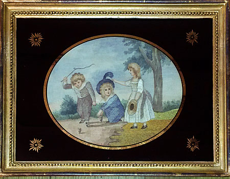 Accessories<br>Archives<br>Pair of silk needlework pictures of children playing